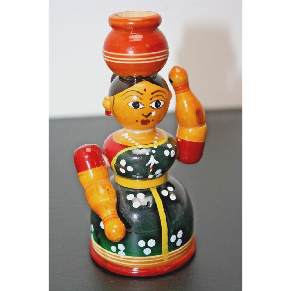 Handcrafted India Traditional Wooden Lady carrying Pot on Head Statue Decor